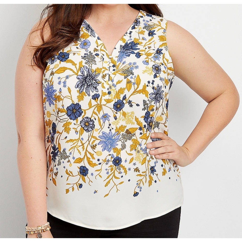 Maurices Womens Sleeveless Button Front‎ Floral V-Neck Blouse Top Sz Medium.B87